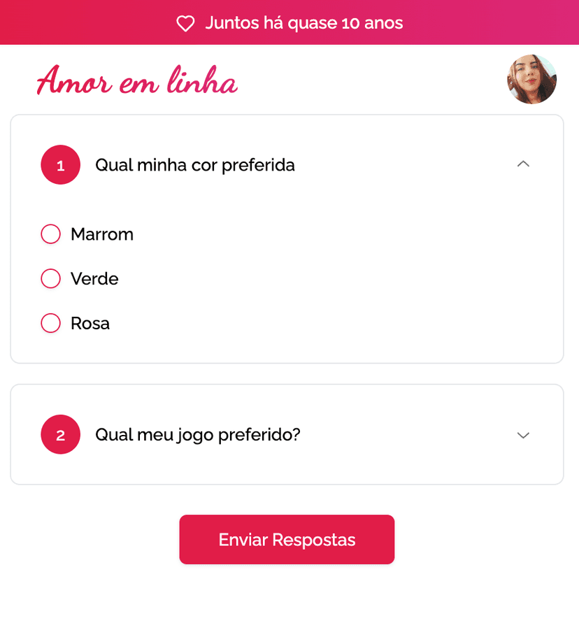 Interface do quiz do casal